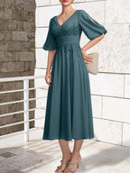 A-line V-Neck Tea-Length Lace Chiffon Mother of the Bride Dress With Pleated