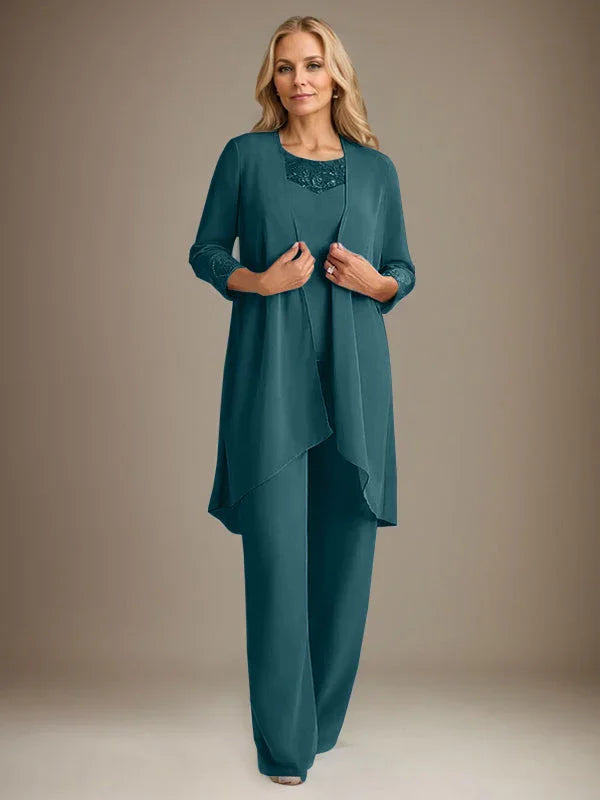 Chiffon Scoop Long Sleeves Mother Of The Bride Pantsuits With Jacket