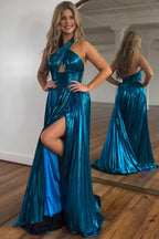 Pfauenblaues Neckholder-A-Linien-Ballkleid mit Schlitz