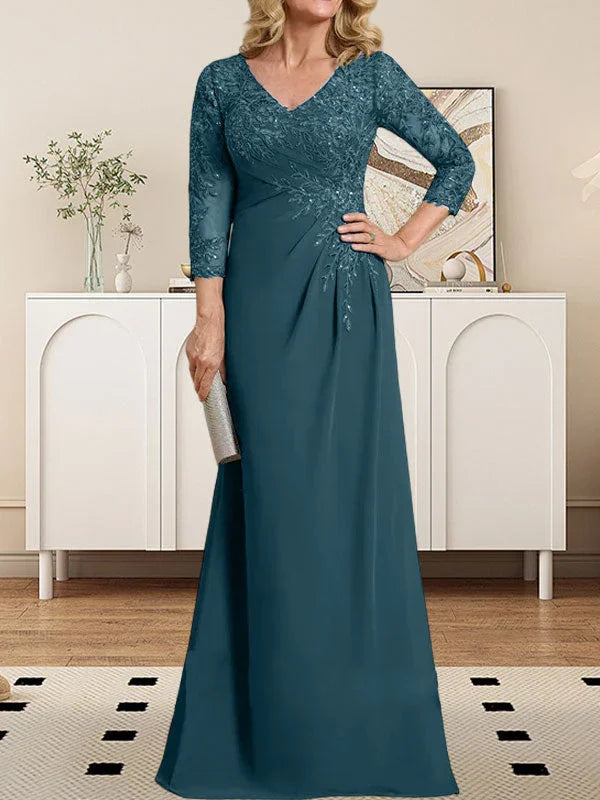 Vestido de madrina de novia con escote en V ilusión, corte columna, largo hasta el suelo, de encaje y gasa con lentejuelas plisadas
