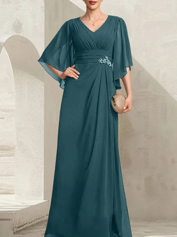 Vestido de madrina de novia de gasa largo hasta el suelo, corte columna y escote en V, con lentejuelas plisadas y abalorios