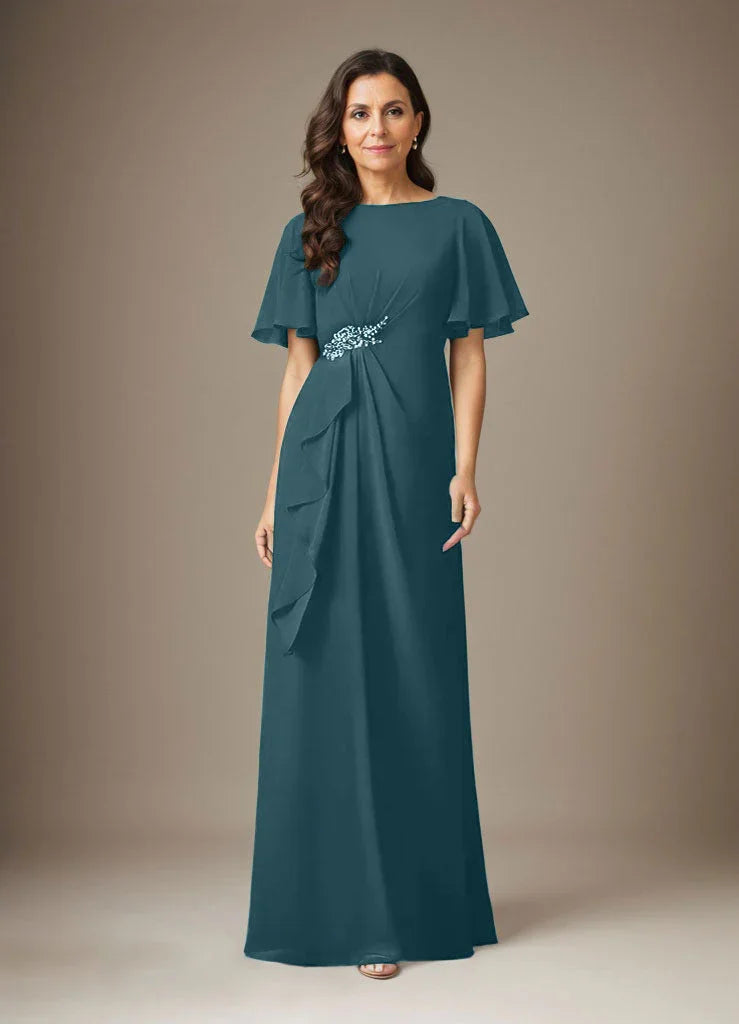 Abito a guaina blu scuro in chiffon con perline