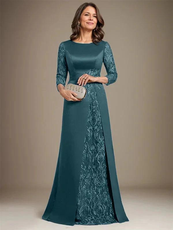 A-Line Scoop Floor-Length Lace Satin Mother Of the Bride Dress With Applique by Dreamylily