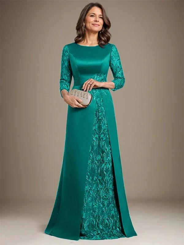 A-Line Scoop Floor-Length Lace Satin Mother Of the Bride Dress With Applique by Dreamylily