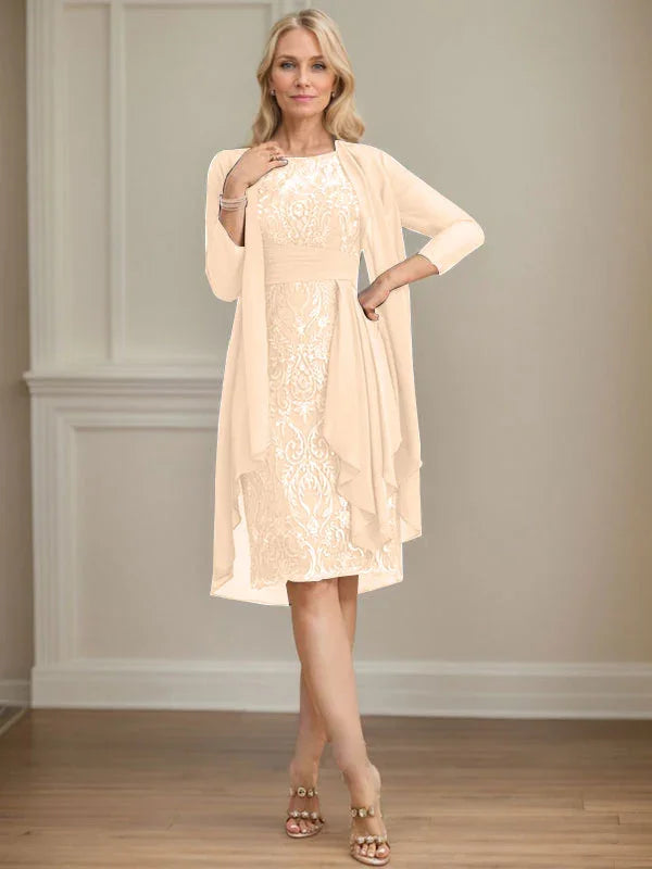 Etui/Säulenförmiges Kleid mit Illusion, knielang, aus Spitze und Chiffon, Brautmutterkleid mit herabfließenden Rüschen und Pailletten