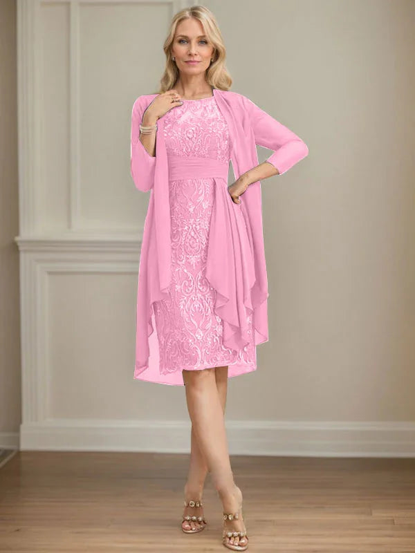 Etui/Säulenförmiges Kleid mit Illusion, knielang, aus Spitze und Chiffon, Brautmutterkleid mit herabfließenden Rüschen und Pailletten
