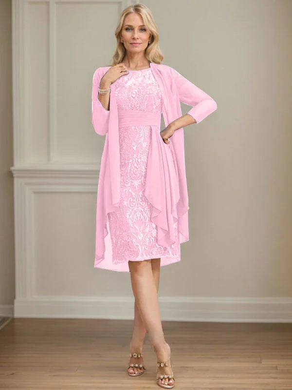 Etui/Säulenförmiges Kleid mit Illusion, knielang, aus Spitze und Chiffon, Brautmutterkleid mit herabfließenden Rüschen und Pailletten