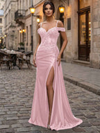 Emerald Green Beaded Satin Corset Long Prom Dress With Sheer Bodice