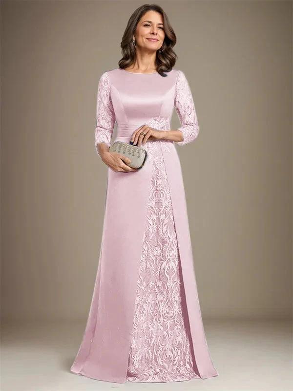 A-Line Scoop Floor-Length Lace Satin Mother Of the Bride Dress With Applique by Dreamylily