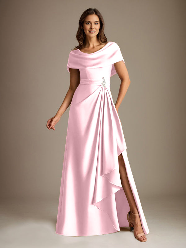 A-Line Scoop Floor-Length Stretch Satin Mother of the Bride Dress With Cascading Ruffles