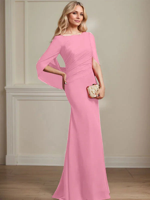 Vestido de madrina de novia de gasa con cuello barco estilo trompeta/cola de sirena y largo hasta el suelo con pliegues