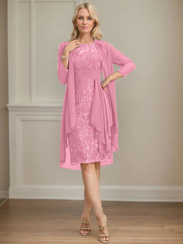 Etui/Säulenförmiges Kleid mit Illusion, knielang, aus Spitze und Chiffon, Brautmutterkleid mit herabfließenden Rüschen und Pailletten