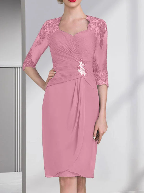 Vestido de madrina de novia de gasa con apliques de cuentas, encaje, lentejuelas y pliegues, largo hasta la rodilla, corte tubo y columna, con escote corazón