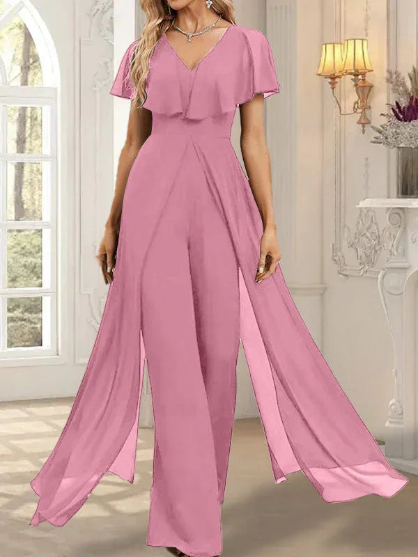 Jumpsuit/Pantsuit V-Neck Floor-Length Chiffon Evening Dress
