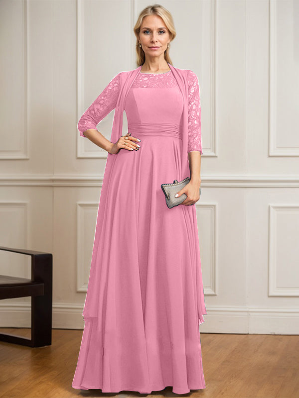 A-line Scoop Illusion Floor-Length Lace Chiffon Mother of the Bride Dress With Pleated