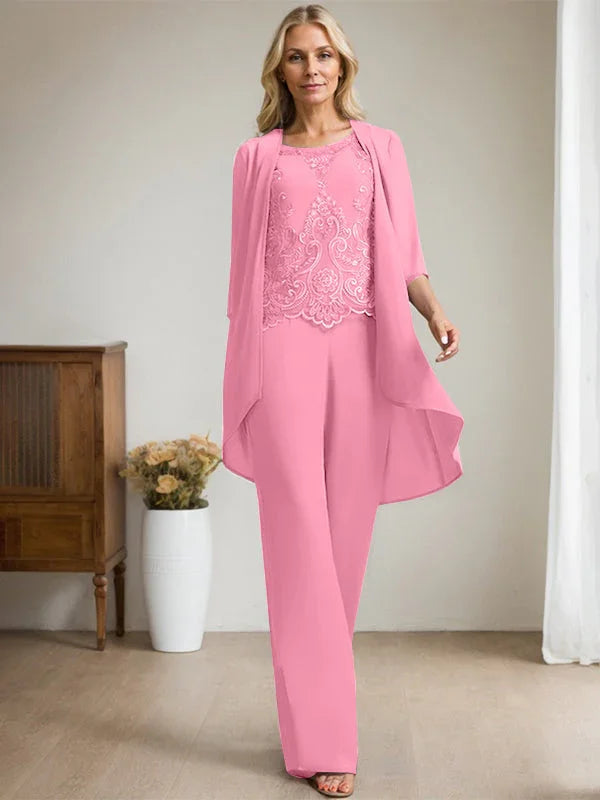 Getrennter Overall/Hosenanzug mit Rundhalsausschnitt, bodenlang, aus Chiffon und Spitze, Mutter-des-Brautkleides mit Perlen und Pailletten