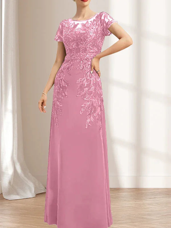 Vestido de madrina de novia con ilusión, corte columna y fajín, largo hasta el suelo, de encaje y gasa con lentejuelas