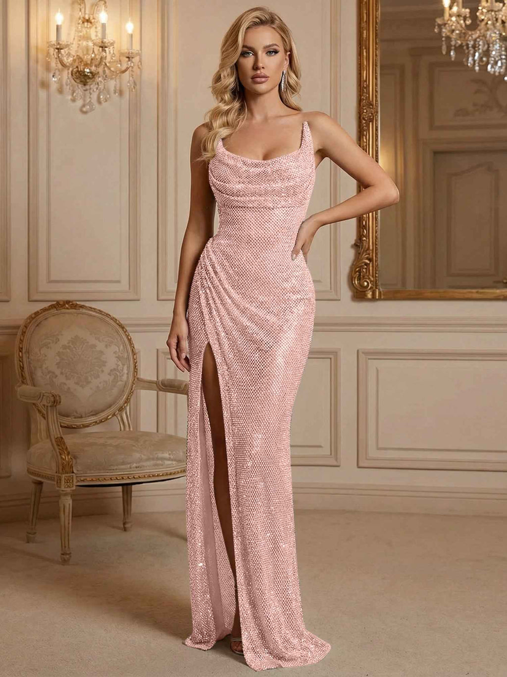 Silver Sequin Cowl Neck Ruched Long Prom Dress With High Slit