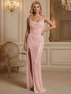 Silver Sequin Cowl Neck Ruched Long Prom Dress With High Slit