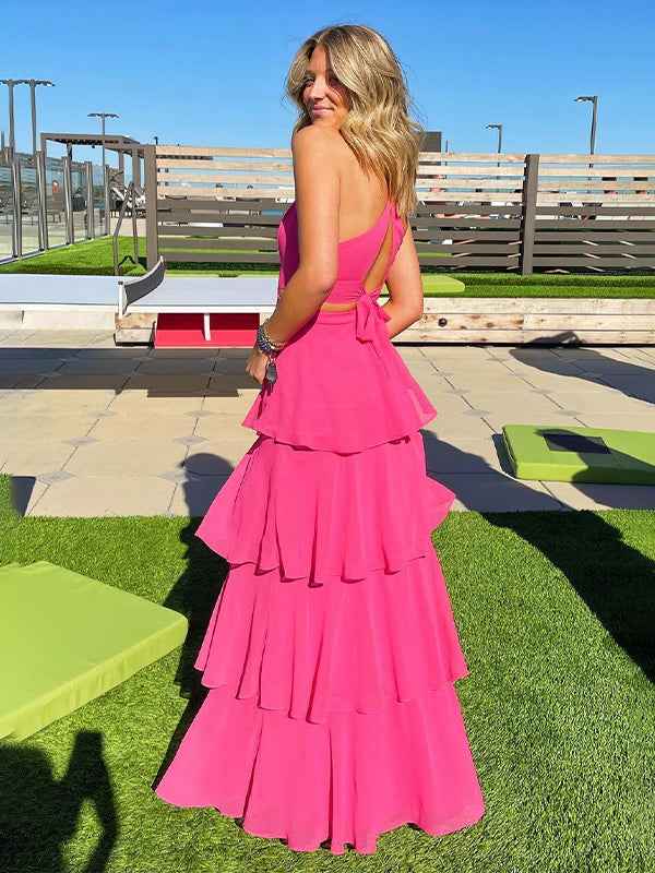 Turquoise A Line V Neck Tiered Long Prom Dress With Cutout