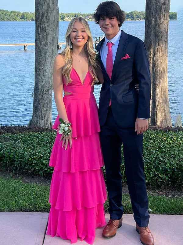 Turquoise A Line V Neck Tiered Long Prom Dress With Cutout