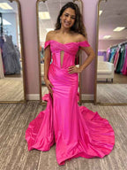 Red Mermaid Off Shoulder Corset Long Prom Dress With Slit