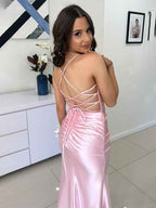 Yellow Satin Mermaid Prom Dress With Scoop Neck Beading Slit