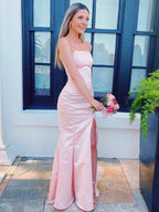 Blush Pink Mermaid Strapless Satin Prom Dress With Slit