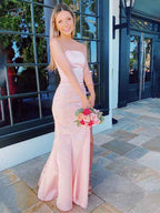 Blush Pink Mermaid Strapless Satin Prom Dress With Slit
