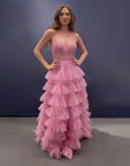 Roycebridal Ansley | Abito lungo da cerimonia rosa a linea ad A con spalline sottili e schiena scoperta a balze