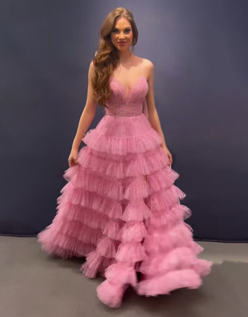 Roycebridal Ansley | Abito lungo da cerimonia rosa a linea ad A con spalline sottili e schiena scoperta a balze