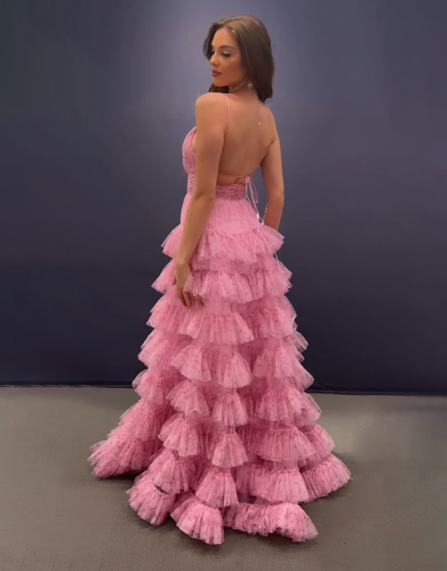 Roycebridal Ansley | Abito lungo da cerimonia rosa a linea ad A con spalline sottili e schiena scoperta a balze