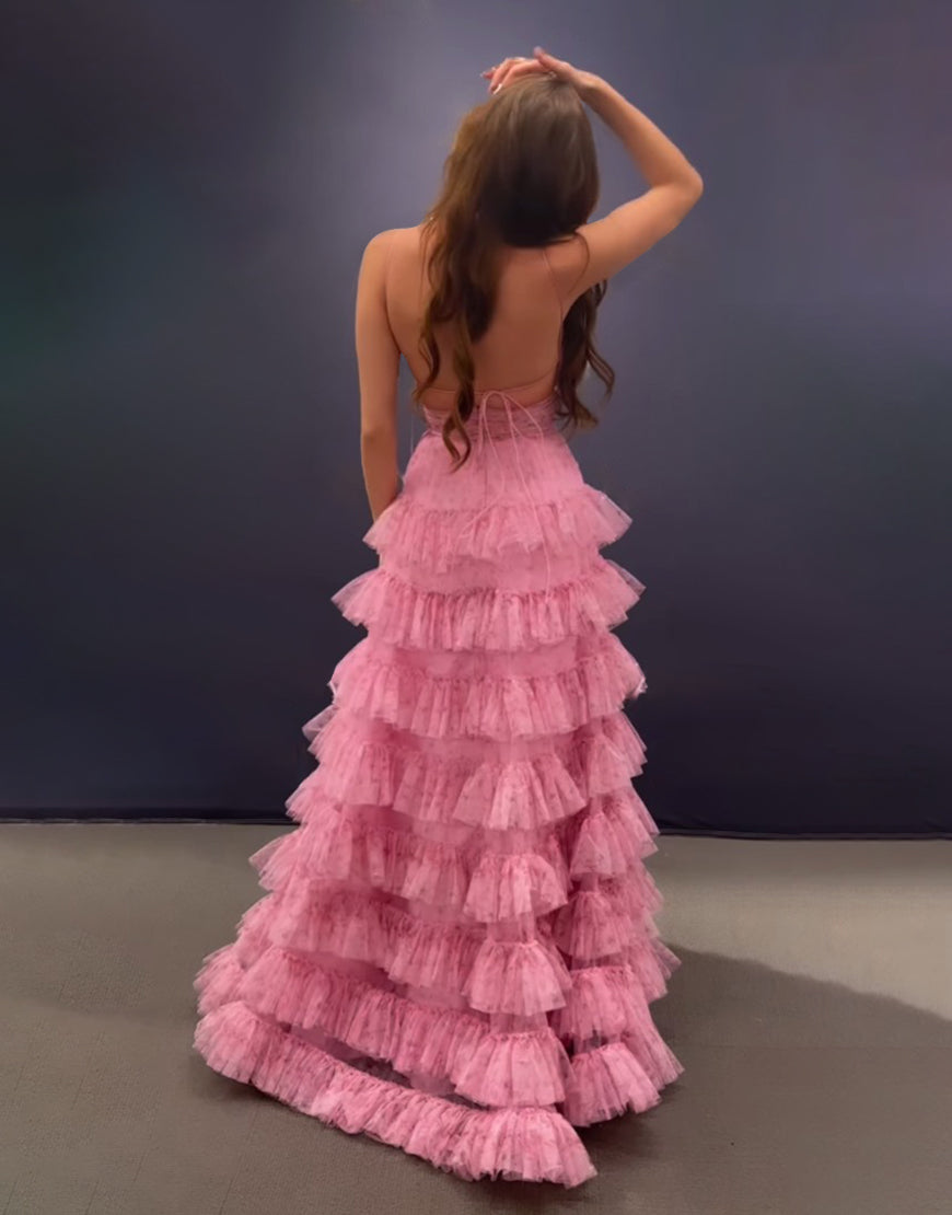 Roycebridal Ansley | Abito lungo da cerimonia rosa a linea ad A con spalline sottili e schiena scoperta a balze