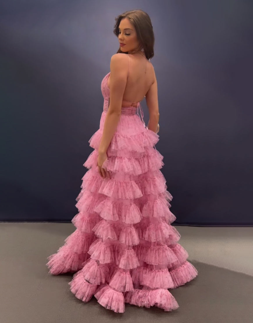 Roycebridal Ansley | Abito lungo da cerimonia rosa a linea ad A con spalline sottili e schiena scoperta a balze