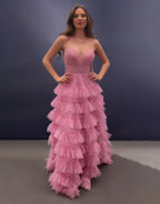 Roycebridal Ansley | Abito lungo da cerimonia rosa a linea ad A con spalline sottili e schiena scoperta a balze