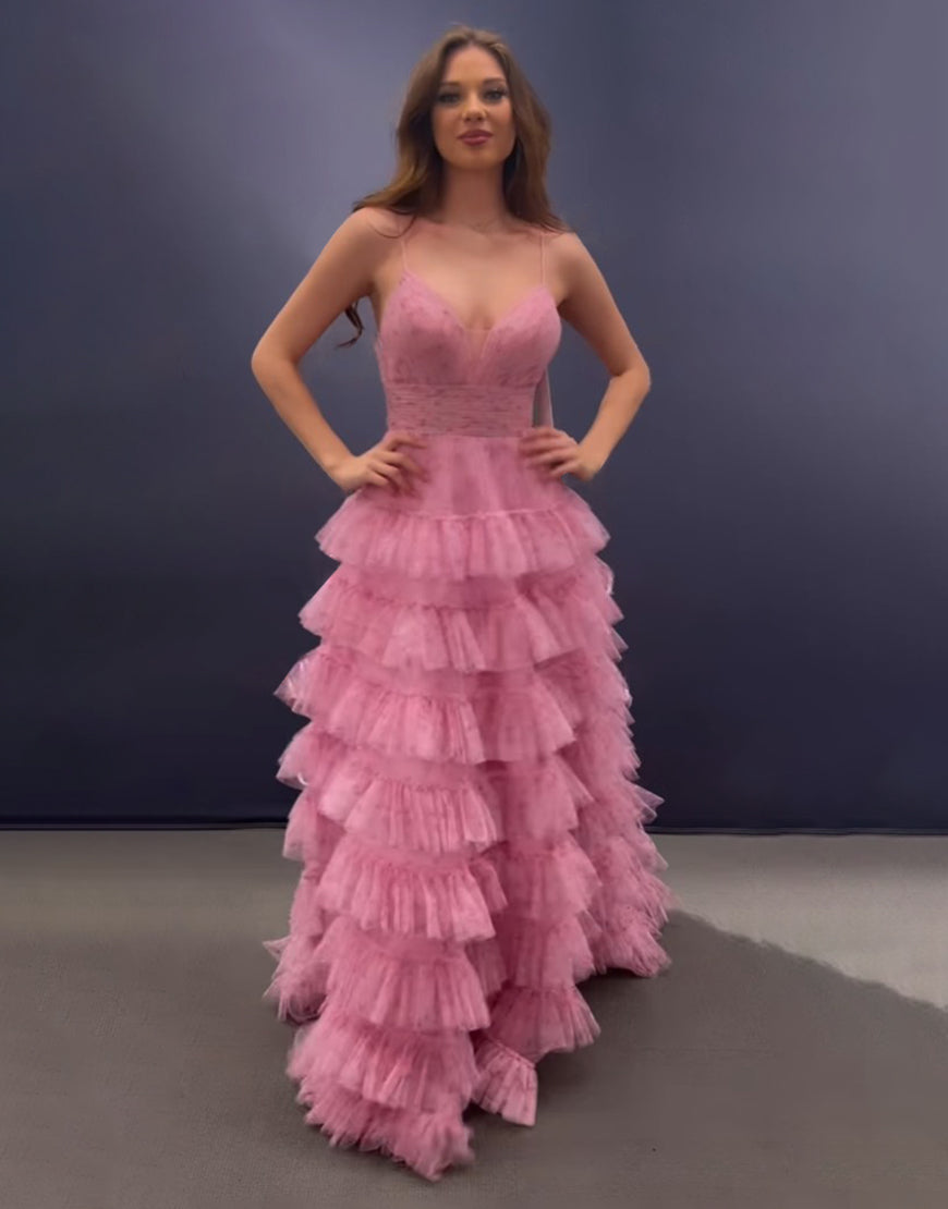 Roycebridal Ansley | Abito lungo da cerimonia rosa a linea ad A con spalline sottili e schiena scoperta a balze