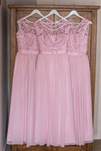 Top in pizzo chiffon rosa, linea a trapezio, scollo a U, abiti lunghi per damigelle d'onore