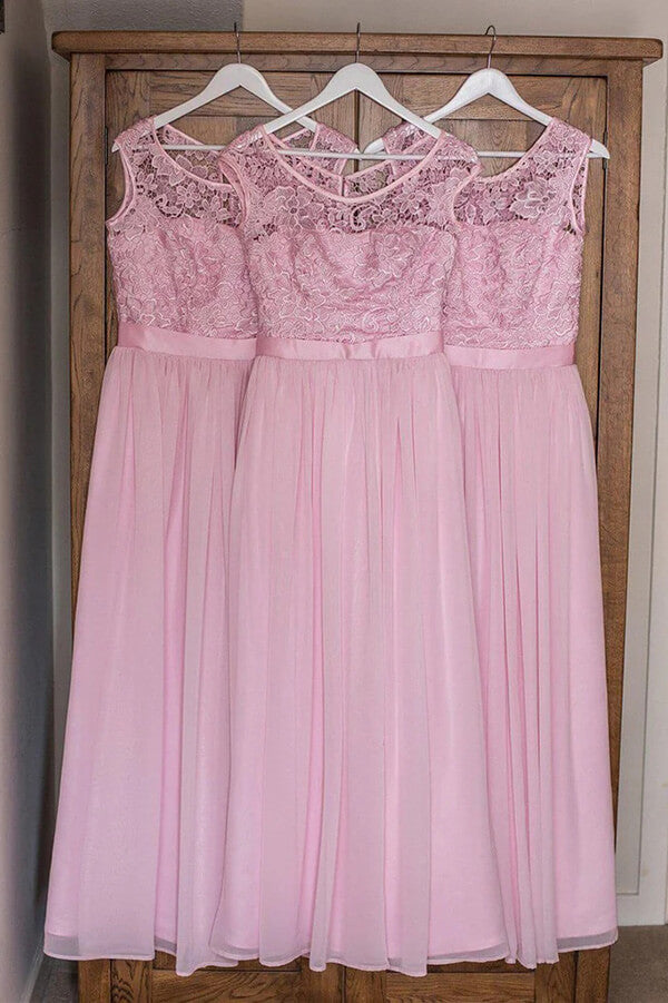 Top in pizzo chiffon rosa, linea a trapezio, scollo a U, abiti lunghi per damigelle d'onore