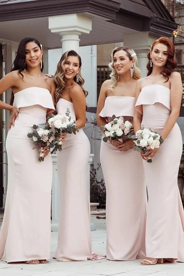 Vestidos de dama de honor sencillos, sin tirantes, de satén rosa, hasta el suelo y con corte sirena