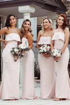 Vestidos de dama de honor sencillos, sin tirantes, de satén rosa, hasta el suelo y con corte sirena