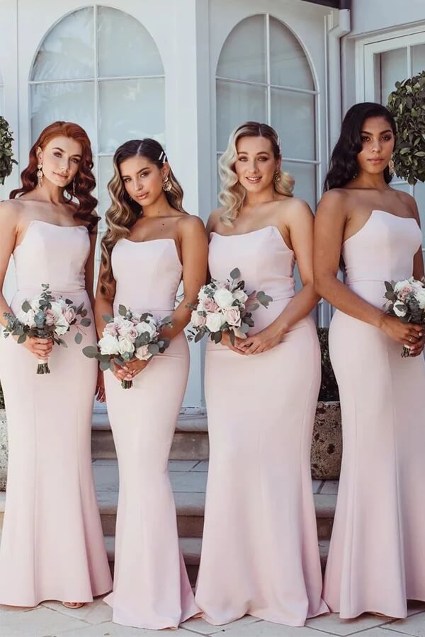 Vestidos de dama de honor largos sin tirantes de sirena rosa, vestido de fiesta de boda