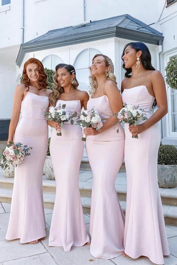 Vestidos de dama de honor largos sin tirantes de sirena rosa, vestido de fiesta de boda