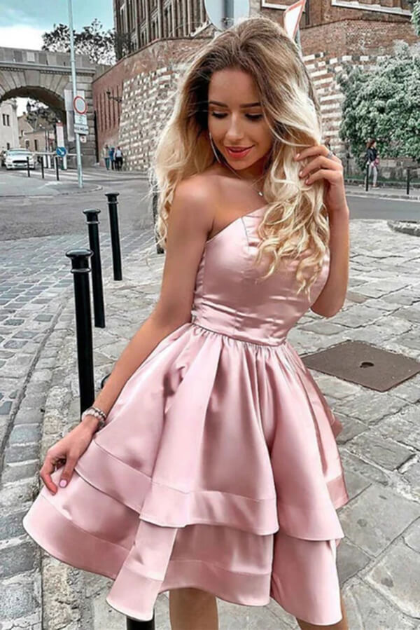 Abiti rosa in raso a linea ad A con una spalla sola per il ritorno a casa, abiti corti per feste