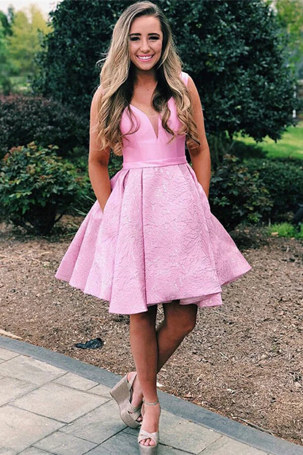 Abito rosa in raso a linea ad A con scollo a V per festa di ritorno a casa, abito per laurea con tasca