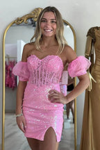 Robe de bal rose à paillettes, droite, sans bretelles, avec appliques en dentelle, MH642