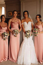 Robes de demoiselle d'honneur en satin de soie rose, robes de fête de mariage longues jusqu'au sol