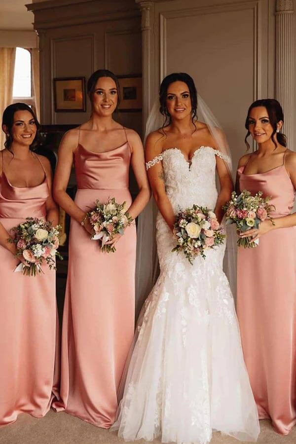 Robes de demoiselle d'honneur en satin de soie rose, robes de fête de mariage longues jusqu'au sol