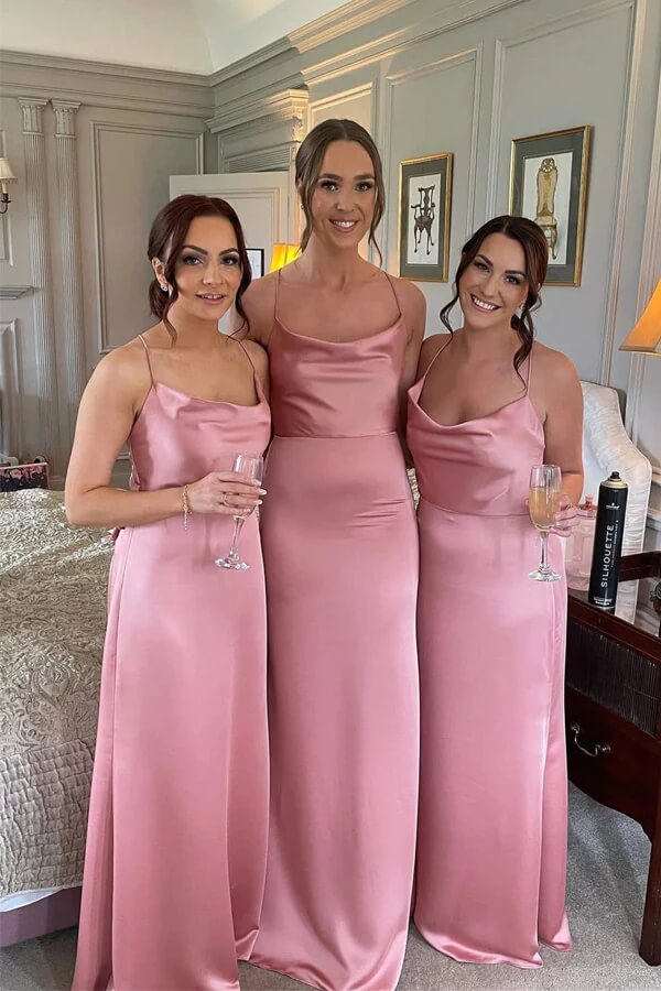 Robes de demoiselle d'honneur en satin de soie rose, robes de fête de mariage longues jusqu'au sol