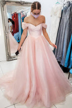 Tulle A-line Off Shoulder Long Prom Dresses, Evening Gown With Train