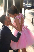 Abiti corti da ballo fatti a mano con fiori di tulle rosa, abito per serata di ritorno a casa
